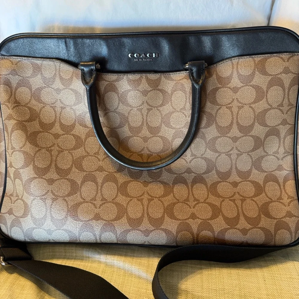 Coach Brown Signature Canvas Briefcase with Black Trim